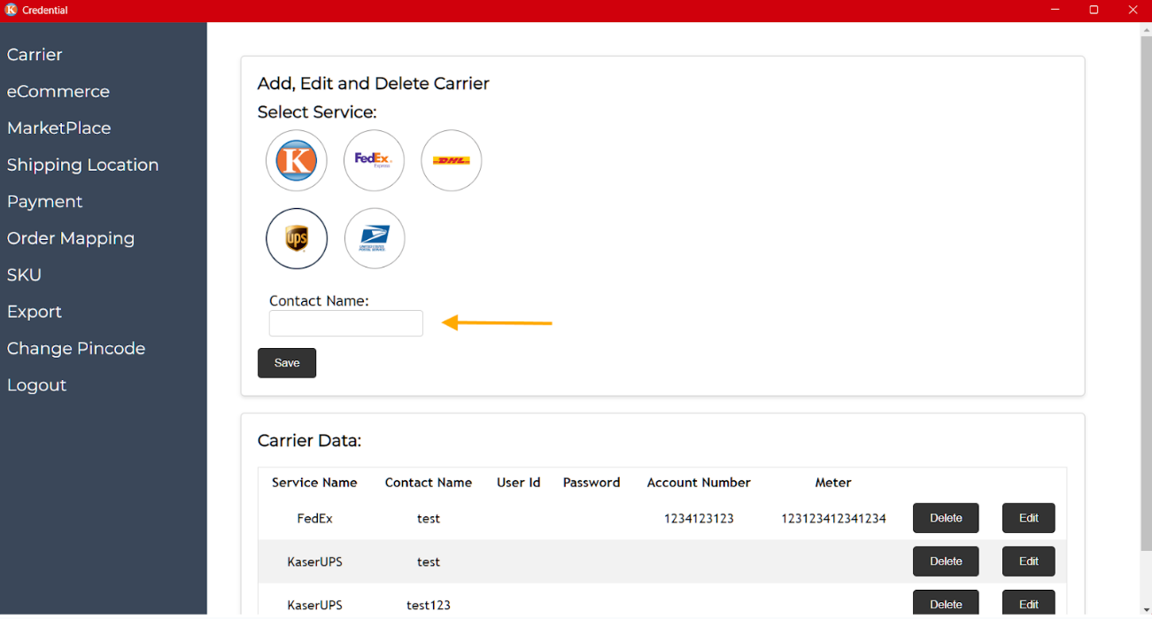 Carrier services tab in Credentials App
